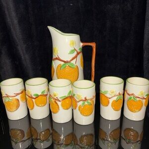 Orange Themed Ceramic Pitcher and Glass Set